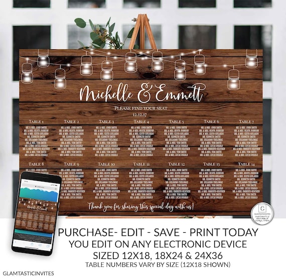 Rustic Wedding Seating Chart Sign Template, DIY Wedding, Seating Chart, Wedding Decor, Editable, Printable, Template, Country, Rustic, DIY Il_570xn