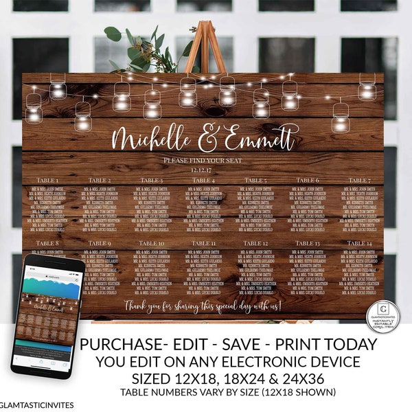 Rustic Wedding Seating Chart Sign Template, DIY Wedding, Seating Chart, Wedding Decor, Editable, Printable, Template, Country, Rustic, DIY