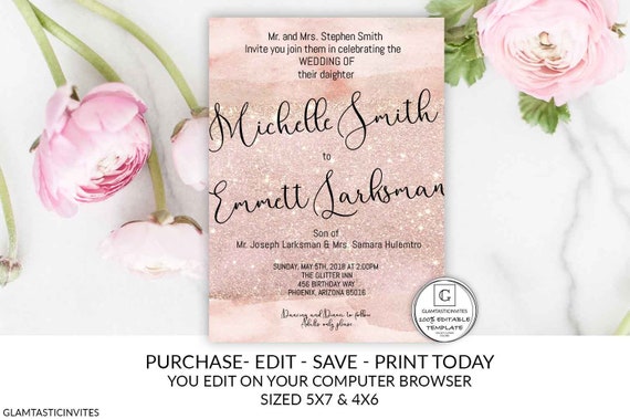Rose Gold Wedding Invitation, Wedding Invitation Template, Printable Invitation, Editable Template, Wedding Invitation, Rose Gold, Glitter Il_570xn