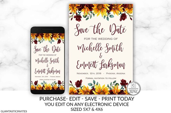 Sunflower Rustic Save the Date Card Save the Date Template Editable Printable Elegant Electronic DIY Cheap Save our Date Personalizable Card Il_570xn