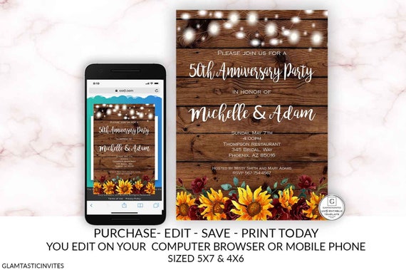 Rustic Sunflower Anniversary Invitation Template 50th Anniversary Editable Printable Boho Floral Flower Bridal Country Vintage, Anniversary Il_570xn