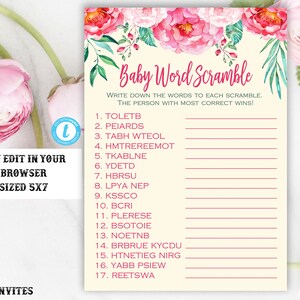 Word Scramble Baby Game Template, Word Scramble, Baby Word Scramble Activity, Pink Baby Shower Game, Word Scramble Game, Template, Editable