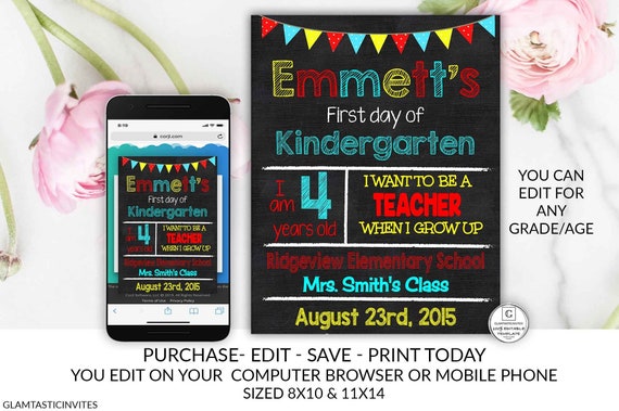 YOU EDIT First Day of School Sign Chalkboard Template Printable Editable Instant Download First Grade Second Grade Third Grade Nursery Sign Il_570xn