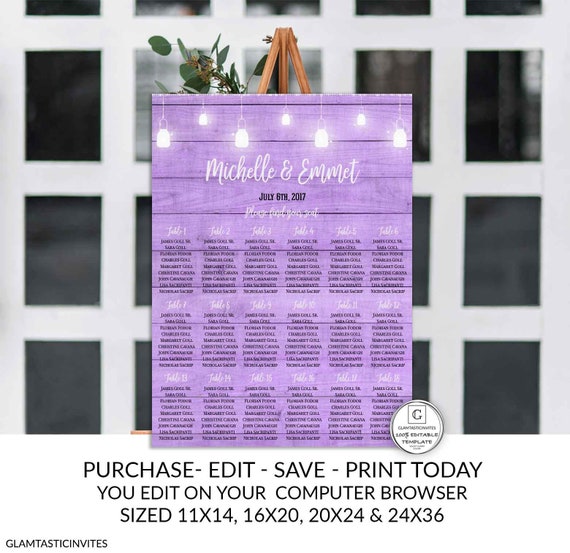 Rustic Wedding Seating Chart Sign Purple Gray Wedding Seating Party Sig Chart Template Editable Printable Mason Jars Cheap DIY Wedding Sign Il_570xn