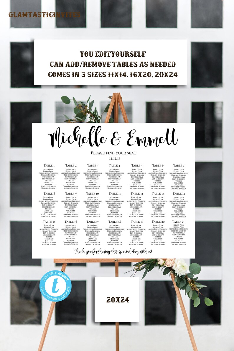 Wedding Seating Chart Template, Personalized Wedding Seating Chart, Script Wedding Seating Chart, YOU EDIT, Seating Chart Template, Template image 1