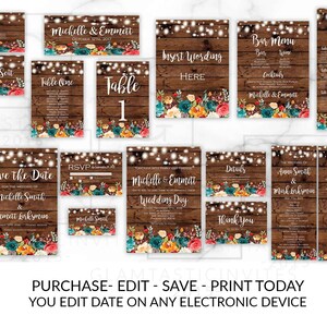 Rustic Boho Floral Burnt Orange Wedding Invitation, Wedding Invitation Set Kit Package, Editable Printable Electronic DIY, Printable Wedding