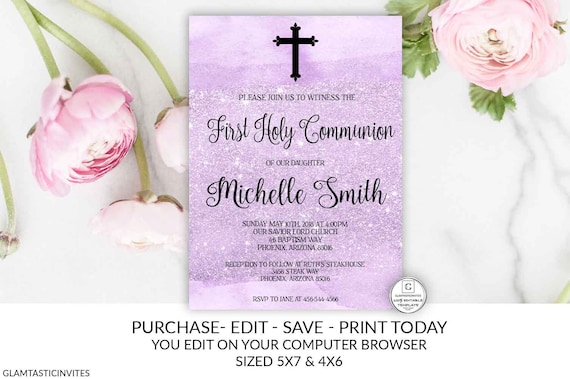Lavender Purple Watercolor First Communion Invitation Girl First Communion Invitation First Communion Invitation Printable You Edit DIY Card Il_570xn