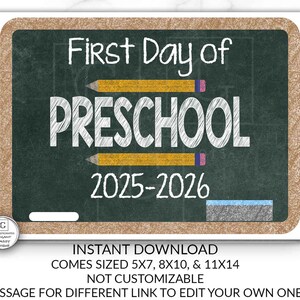 First Day of School Sign, First day of Preschool Sign, 2024 -2025 Chalkboard Sign, INSTANT Download, Printable, Photo Prop, First Day Sign