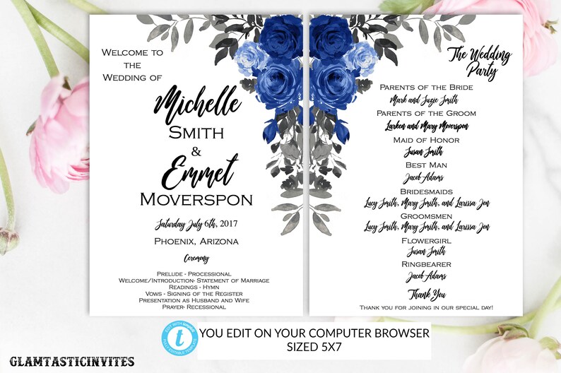 Blue Rose Wedding Ceremony Program Template Boho Editable Printable DIY Floral, Blue Rose, Wedding Program, Template Editable, Printable DIY image 1