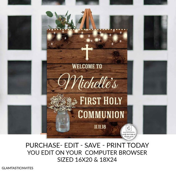 Rustic Babies Breath First Communion Welcome Sign Printable Editable Welcome Sign Template 1st Communion Girl Boy Welcome Sign Country Wood Il_570xn