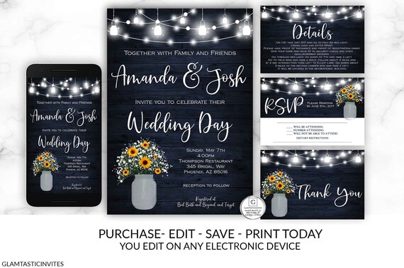 Sunflower Mason Jar Wedding Invitation, Printable Country Farmhouse Wedding Invitation, Editable Template, Blue Wood, Hanging Lights, Rustic Il_570xn