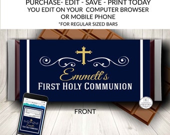 Navy Blue Gold First Holy Communion Chocolate Candy Bar Wrapper Editable Printable Favor Template Baptism Dedication Christening Boy DIY