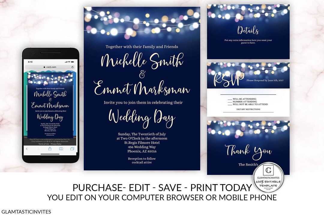 Printable Wedding Invitation, Navy Blue Bokeh Wedding Invitation ...