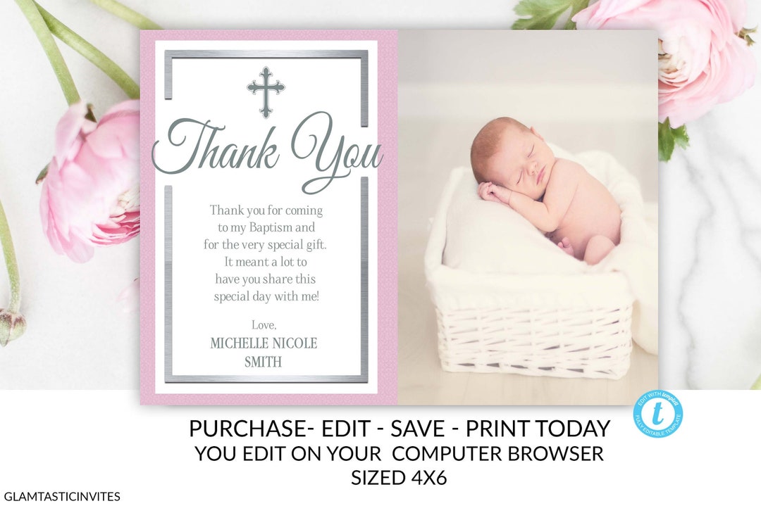 Girl Baptism Thank You Card Template Editable Printable Dedication