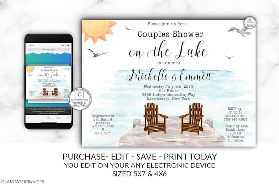 Couples Shower Invitation Lakeside On the Lake Couples Wedding Shower Invitation Template Online Electronic Beach DIY Cheap Textable Invite Il_570xn