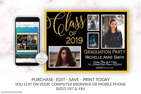 Black Gold Graduation Invitation Editable Printable Glitter Class Of High School College Masters Graduation Electronic Cheap Online Invite By Glamtasticinvites Catch My Party