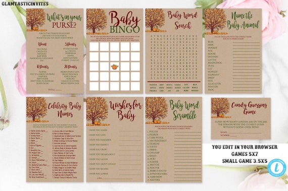 Fall Pumpkin Rustic Kraft Baby Shower Game Activity Package Set Fall Pumpkin Rustic Kraft Baby Shower Game Activity Package Set
