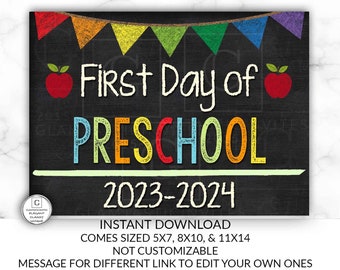 First Day of School Sign, First day of Preschool Sign, Preschool Chalkboard Sign, INSTANT Download, Printable, Photo Prop, First Day Sign