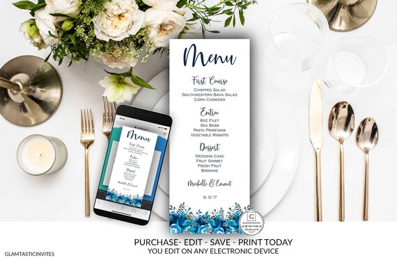 Blue Menu Template, Rustic Wedding Menu, Editable Menu, Printable Menu Template, Turquoise Floral Menu, Shower Menu, Banquet Menu Template Il_570xn