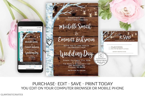Birch Tree Rustic Wedding Invitation, Country Wedding Invitation, INSTANT Download Wedding invitation Set Wedding Invitation, Template DIY Il_570xn
