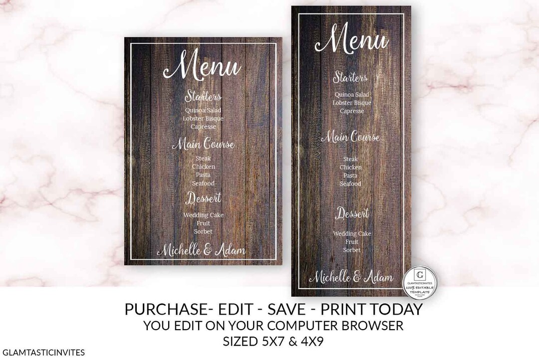 Rustic Country Menu Editable Printable Wedding Menu Template DIY Wood ...
