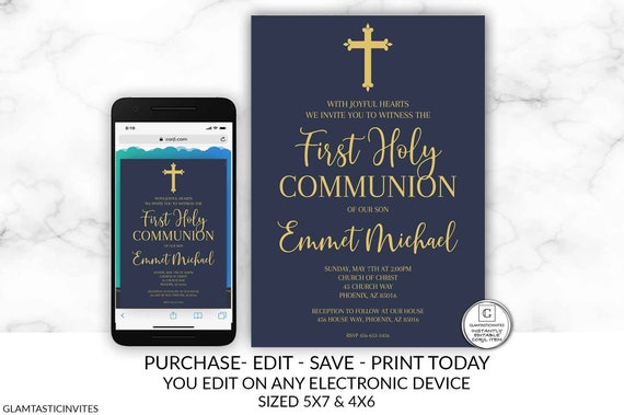 Printable Navy Blue Gold First Holy Communion Invitation, Personalizable Communion Invitation Template, Editable Boy Communion, Baptism, DIY Il_570xn