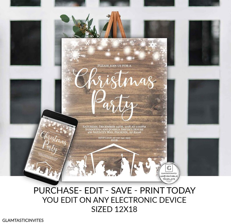 Editable Nativity Rustic Christmas Party Poster Sign Template Holiday Company Party Winter Online Cheap Textable Electronic Email DIY Snow image 1