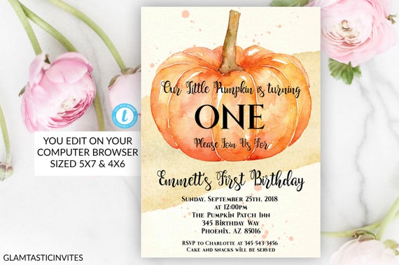Pumpkin Invitation, Pumpkin Birthday Invitation, Our Little Pumpkin Invitations, First Birthday Invitation, Orange, Watercolor, 1st Birthday