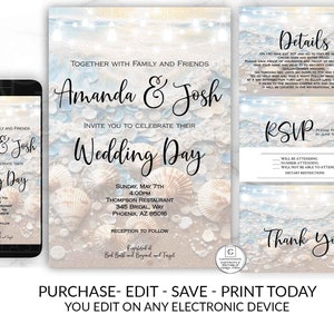 Beach Wedding Invitation Template, Beach Wedding, Destination Wedding Template, Summer Beach Wedding, Invitation Template Set, Instant