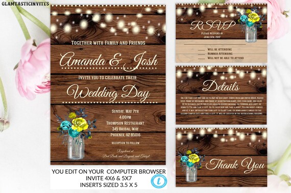 Rustic Wedding Invitation Template Package Set Yellow Aqua Floral