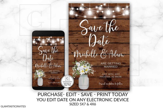 White Daisy Floral Mason Jar Save the Date Template Invitation, Quick Turnaround, Instant Download, Mobile Phone Editing, DIY Printable Il_570xn