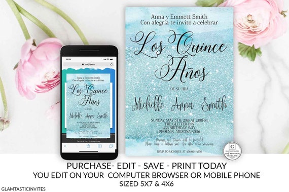 Quinceañera Birthday Invitation Spanish Wording Birthday Invitation Sweet 16 Invitation Teal Editable Printable Electronic Online Cheap DIY Il_570xn