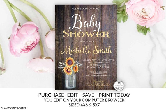 Sunflower Baby Shower Invitation Rustic Country Vintage Wood Background Electronic Cheap Digital Invite Template DIY Baby Shower Editable Il_570xn