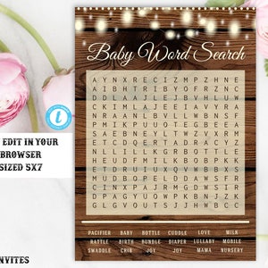 Rustic Baby Shower Word Search Template, Rustic Baby Shower, Printable Word Search, Rustic Baby Shower Game, Instant Download, Editable, DIY