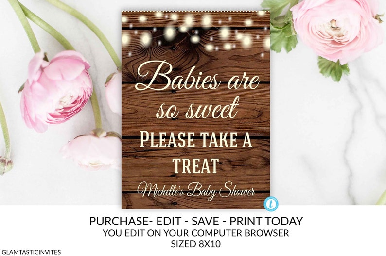 Rustic Baby Shower Sign Template, Baby Shower Favors Sign, Babies are Sweet Take a Treat Sign, Editable Baby Shower Sign, Instant Download image 1