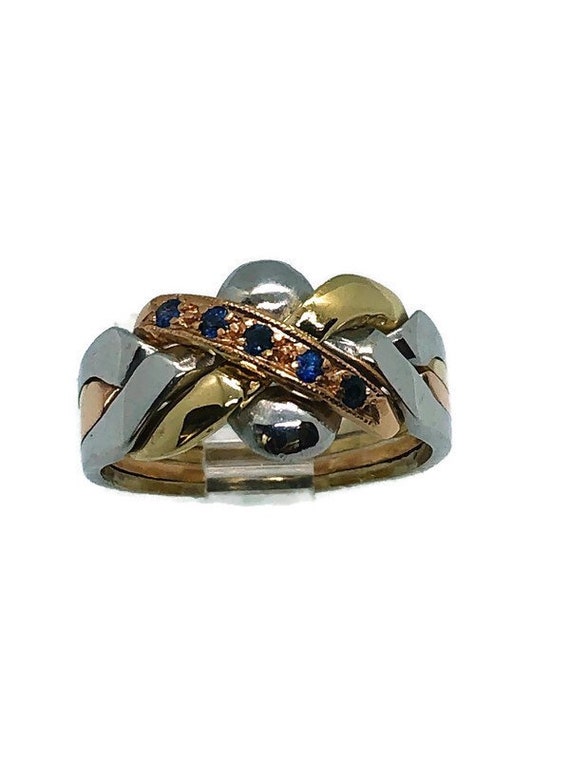 Puzzle Ring 14k Tri Colour Gold with 5 genuine Sapphires. Etsy