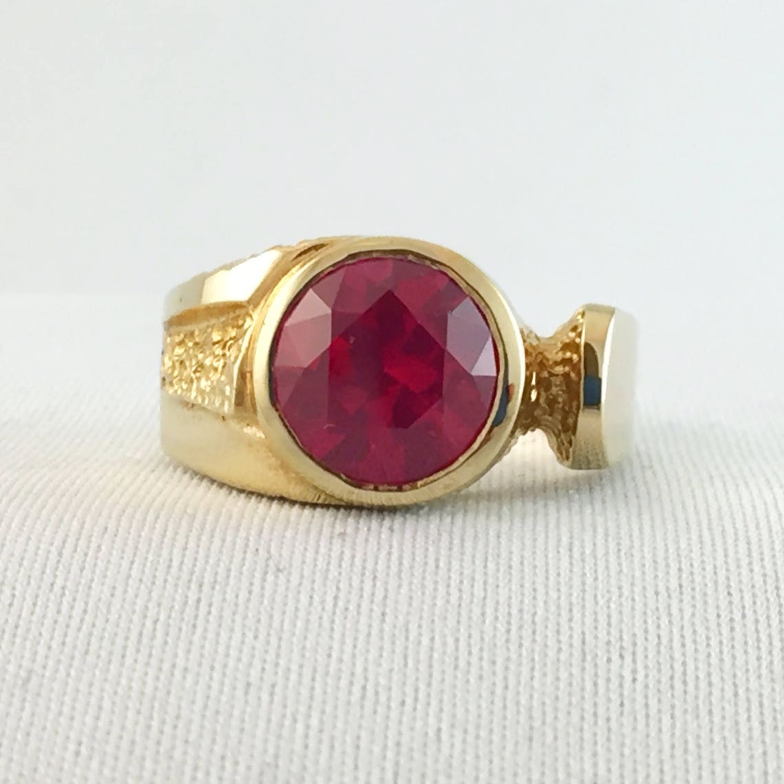 Synthetic Ruby Men's Ring 4 Round Cut 10 Mm 14K Gold Etsy