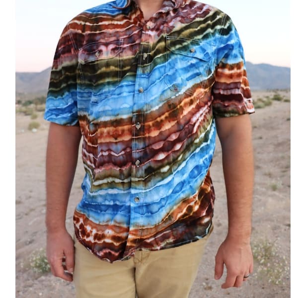 Mountain Bands Button Up Tie Dye Shirt, Pocket Button Up Shirt, Bohemian Clothing