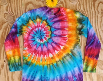 Rainbow Side Spiral Long Sleeve Tie Dye Shirt, Hippie Long Sleeve, Bohemian Clothing