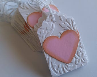 Heart gift tags, Heart tags, White embossed gift tags, Wedding tags, set of 15