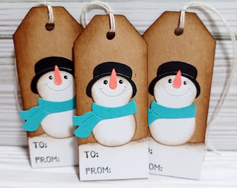 Snowman tags, Christmas gift tags, Holiday tags, Snowmen Gift tags, Rustic Christmas Tags, To From Tags,  1 1/2" x 3 1/2", Set of 6