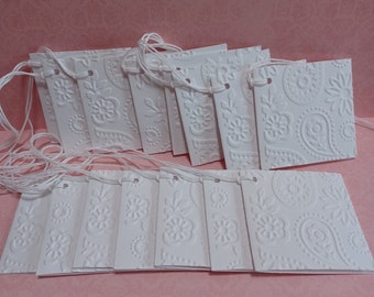 Embossed Paisley Gift tags, Floral embossed tags, White Favor tags, Hang Tags, Folded Embossed Tags, Bulk Gift Tags, 2" x 2"