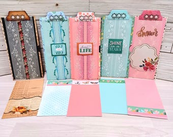 Junk Journal Cards with Side pocket and Vellum Belly Band , 6 1/2" x 3", Set of 5