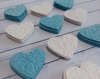 White Blue hearts, Embossed hearts, Paper hearts, Heart punches, Heart die cuts, Heart confetti, Wedding hearts, Set of 100