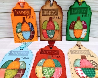 Set of 6 Fall Tags, Patchwork Pumpkin tags, Halloween Gift tags, Size 4" x 2 1/4"