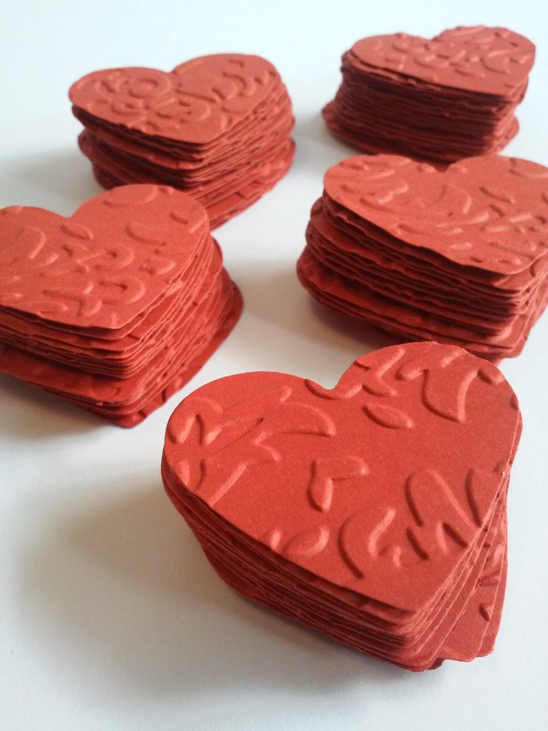 Red hearts, Embossed hearts, Paper hearts, Heart punches, Heart die cuts, Heart confetti, Wedding hearts, Valentine hearts, Set of 100 image 3