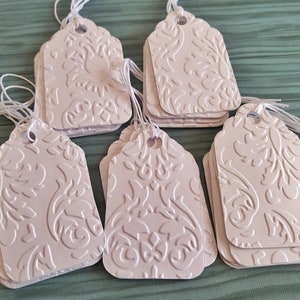 Sets of 25 White embossed tags, Wedding tags, Favor tags, Blank tags, Paper tags, Gift tags, Embossed gift tags