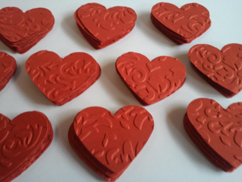 Red hearts, Embossed hearts, Paper hearts, Heart punches, Heart die cuts, Heart confetti, Wedding hearts, Valentine hearts, Set of 100 image 1