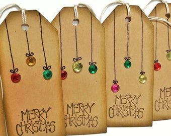 Christmas gift tags with Hanging Ornaments, Merry Christmas Tags, Set of 6 or 12