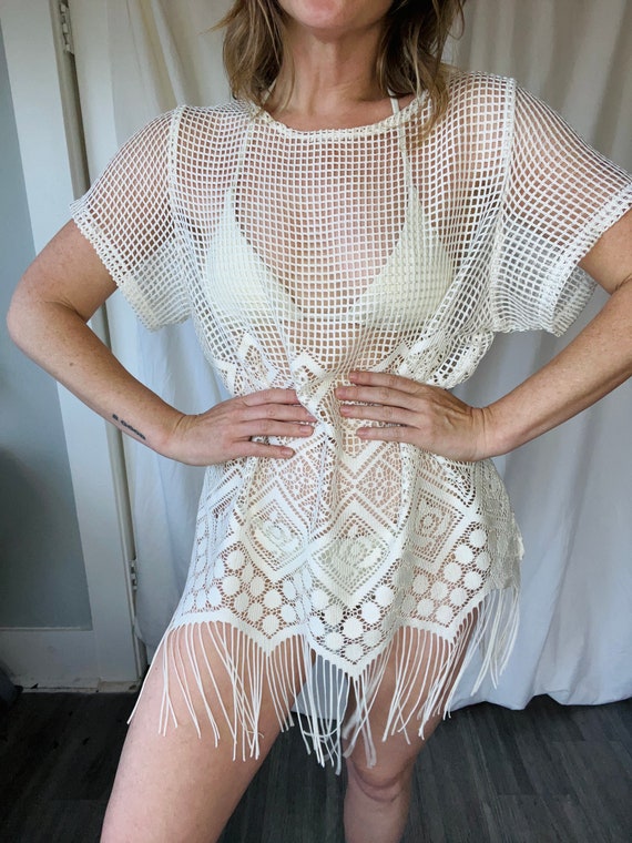 Crochet Lace w/ Fringe Swim Cover Up - Sheer Dress